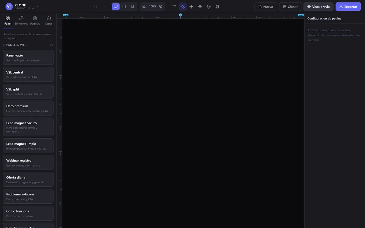 Captura real de CLONE Studio: lista para empezar (sin cuenta ni contraseña)