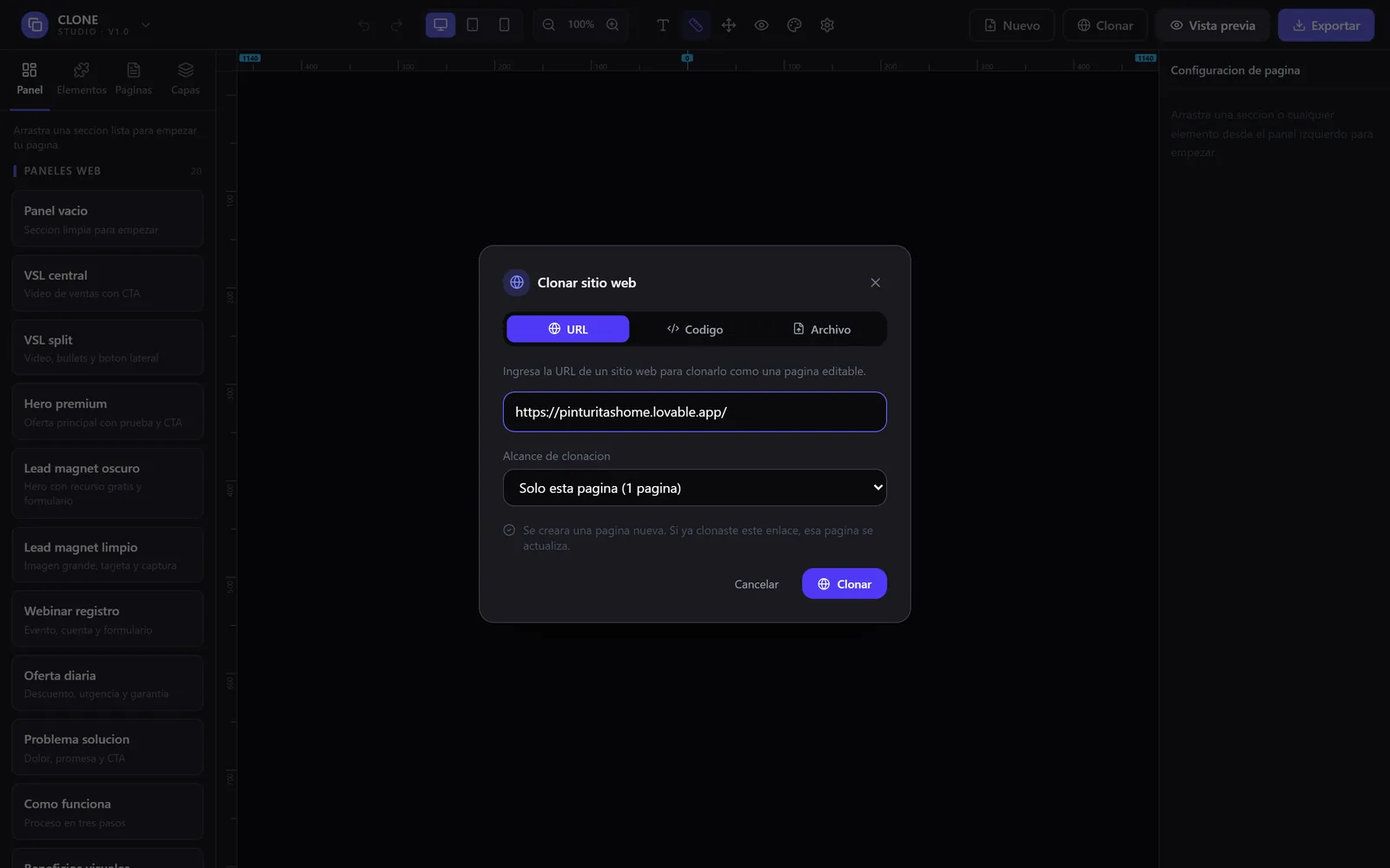 Captura real: ventana «Clonar sitio web» con el enlace pegado