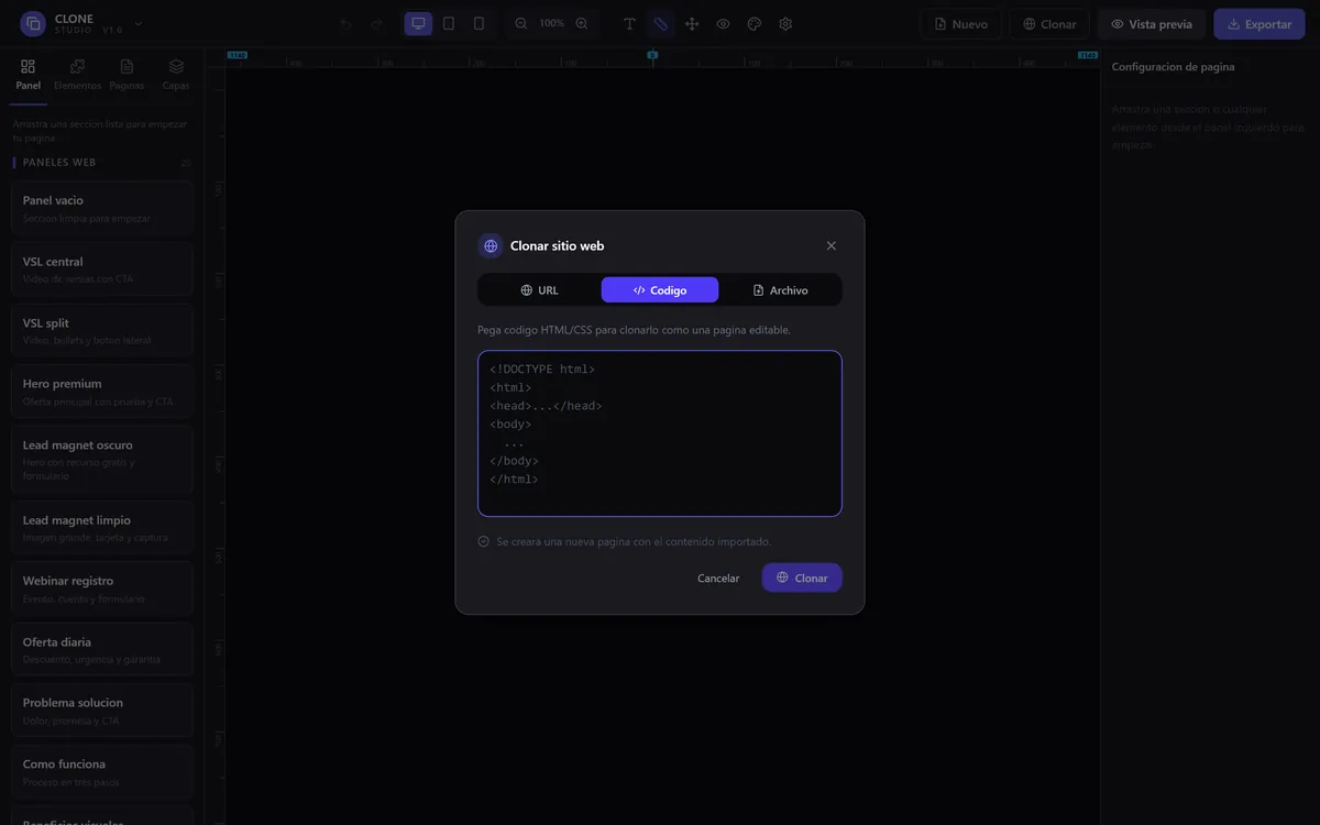 Captura real de CLONE Studio: clonar por código (pega el html de la página)