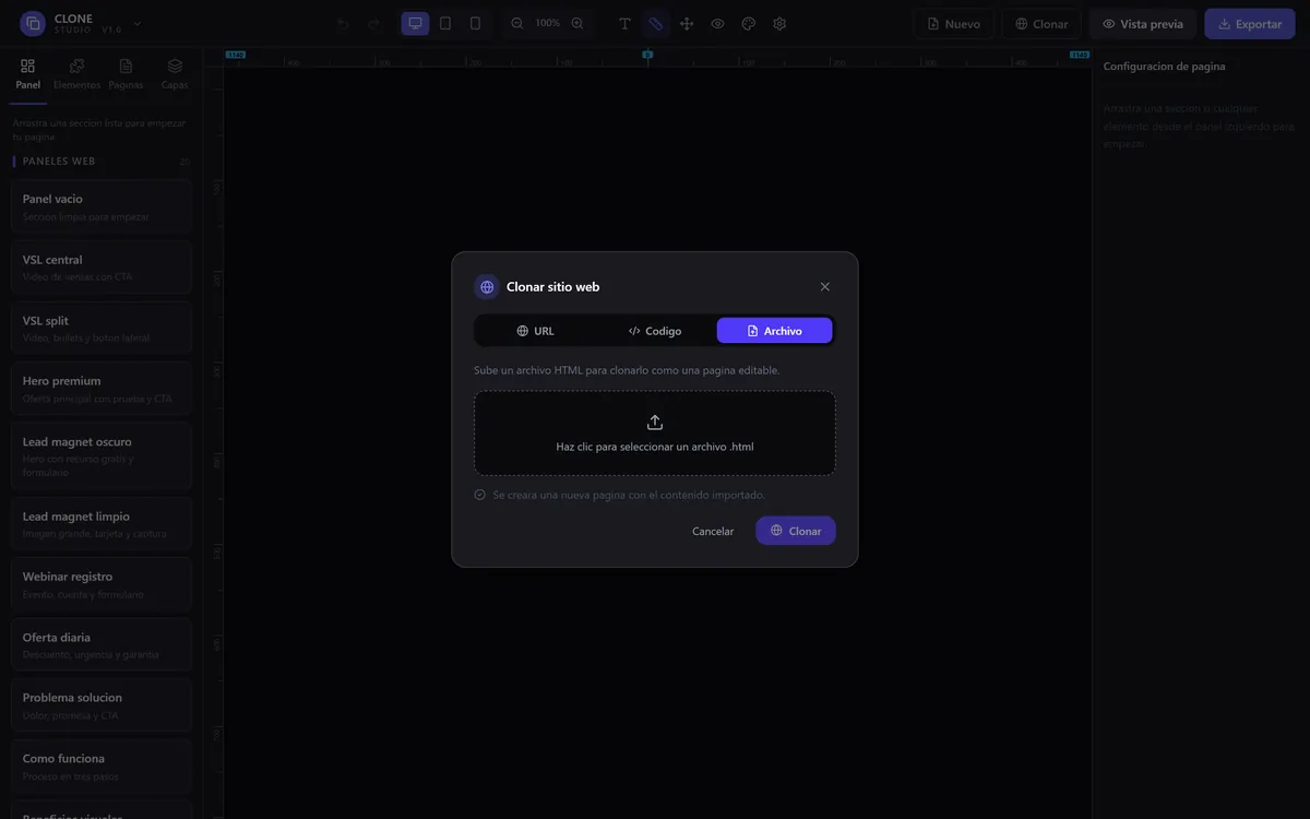 Captura real de CLONE Studio: clonar un archivo (sube un .html de tu computadora)