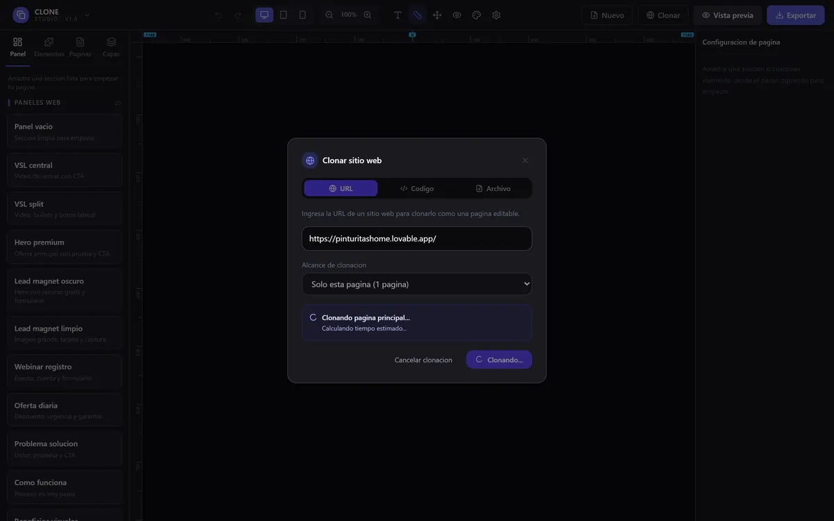 Captura real de CLONE Studio: clonando (con su avance en pantalla)
