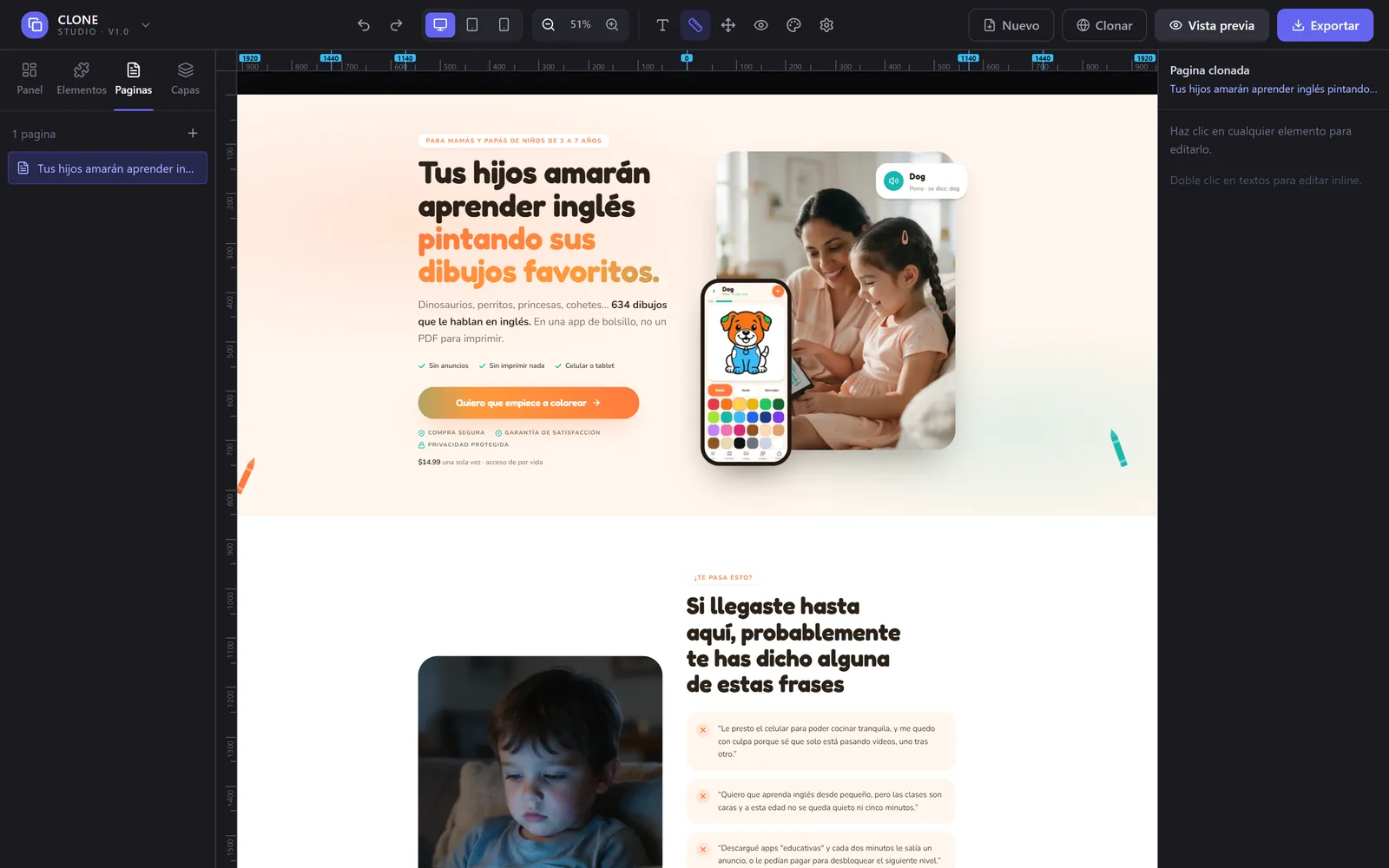Resultado real: la página clonada abierta en CLONE Studio, lista para editar