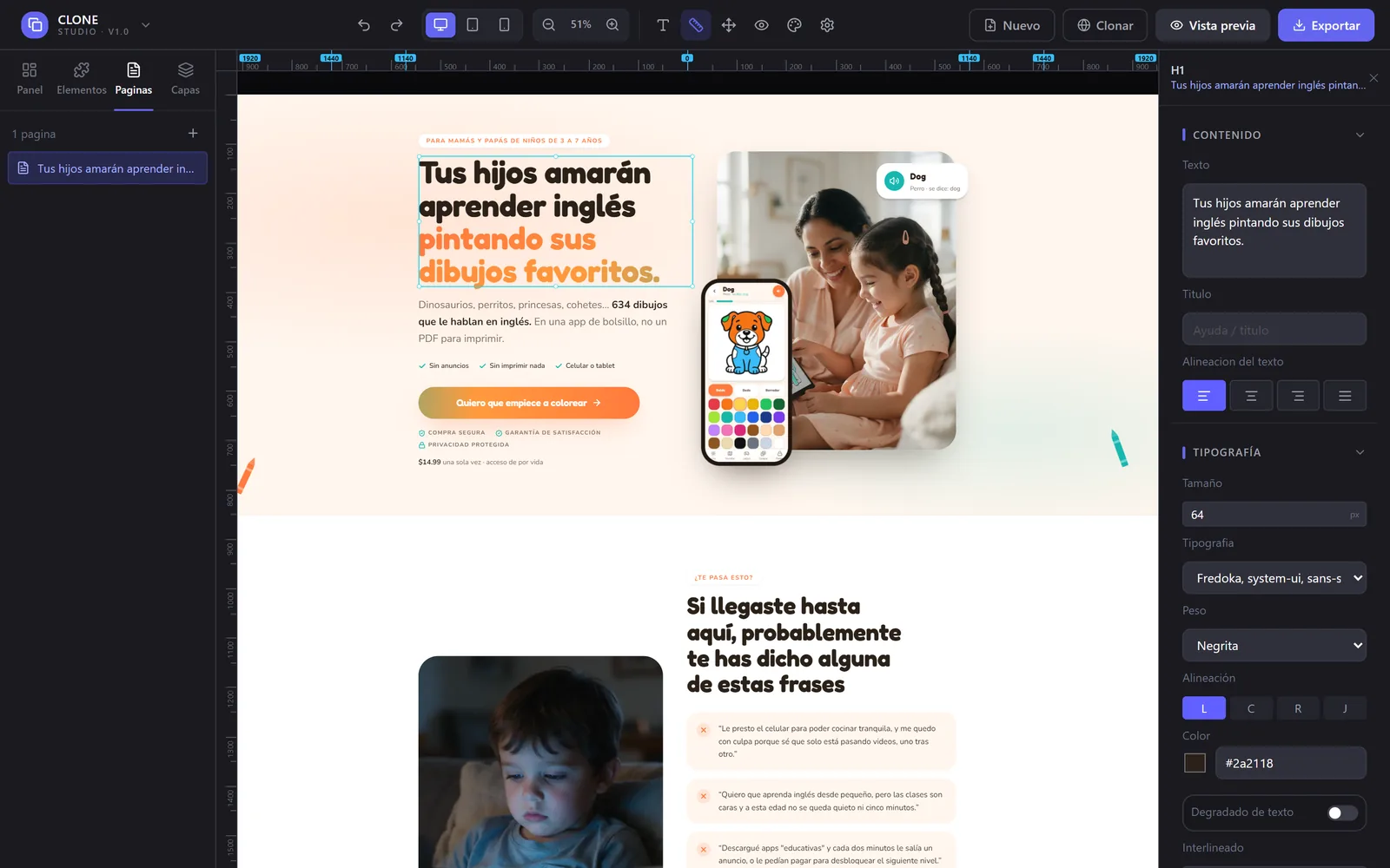 Captura real: el titular seleccionado con su panel de texto y tipografía