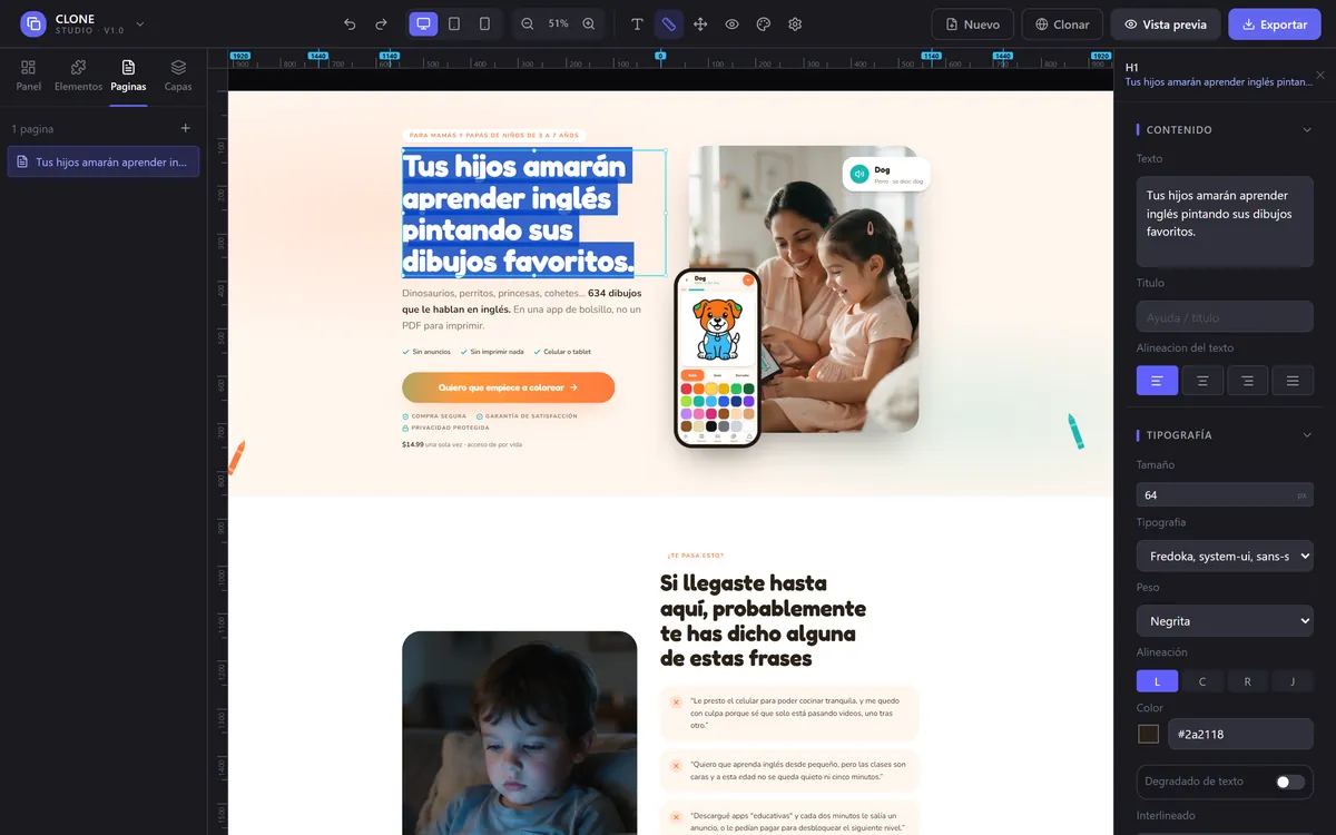 Captura real de CLONE Studio: escribe sobre la página (doble clic en cualquier texto)