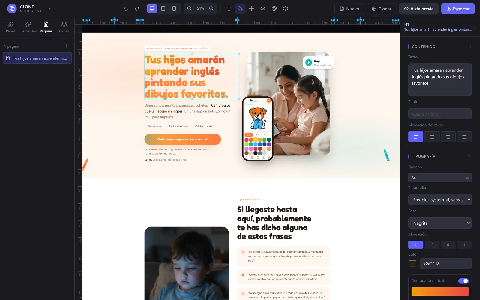 Captura real: el titular con un degradado de color aplicado