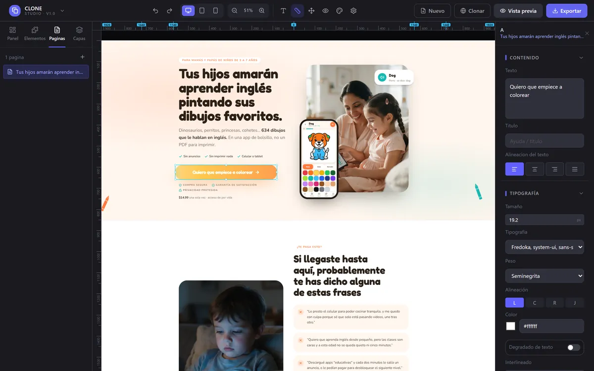 Captura real de CLONE Studio: botones y enlaces (texto, color y destino)