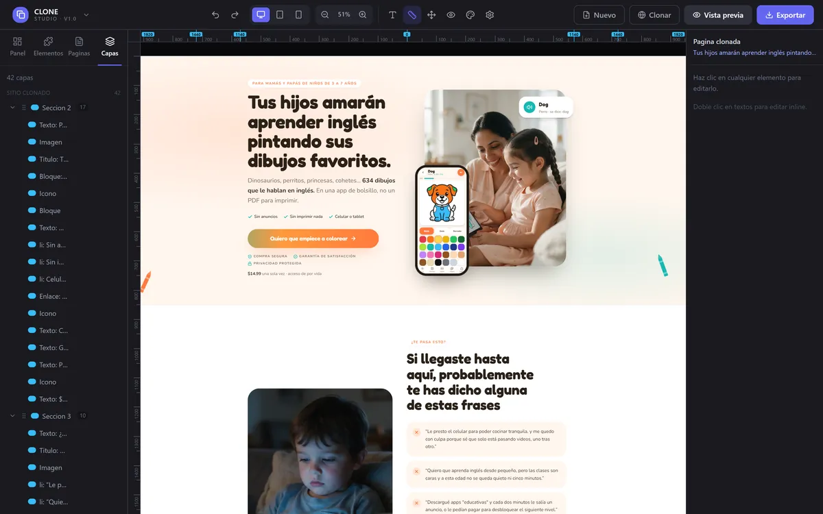 Captura real de CLONE Studio: capas (cada sección en orden)