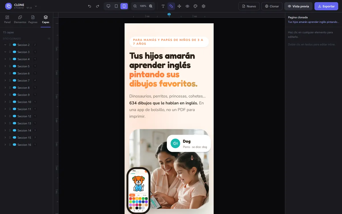 Captura real: la página clonada en la vista celular del software