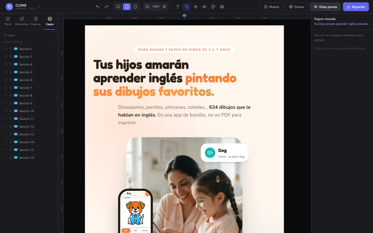 Captura real de CLONE Studio: vista tablet (además de computadora y celular)