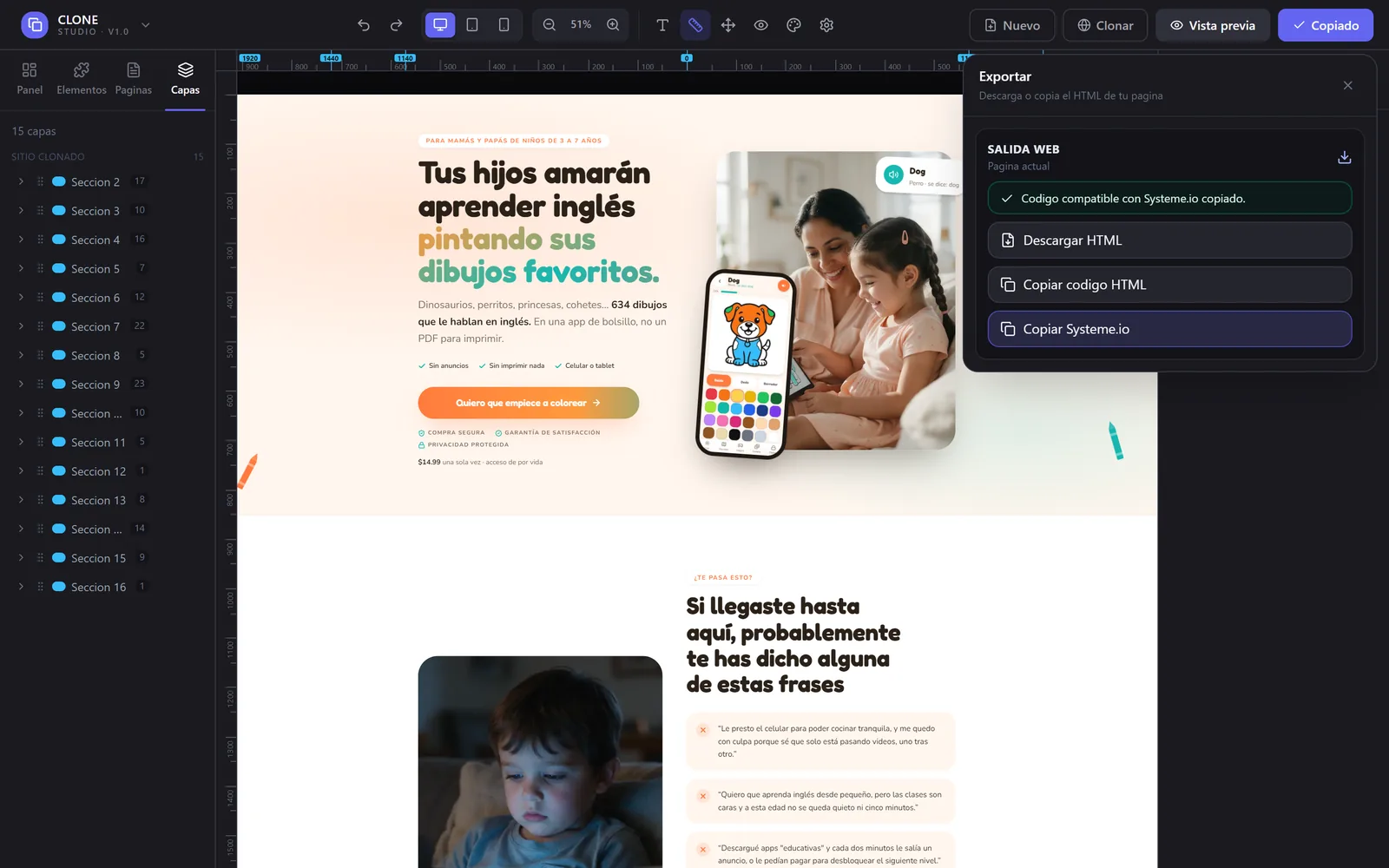 Captura real: panel Exportar con «Copiar Systeme.io» listo