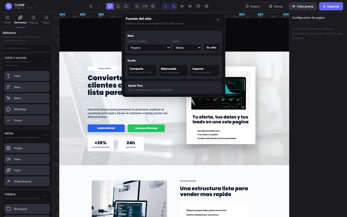 Captura real de CLONE Studio: 33 tipografías (incluidas en el software)