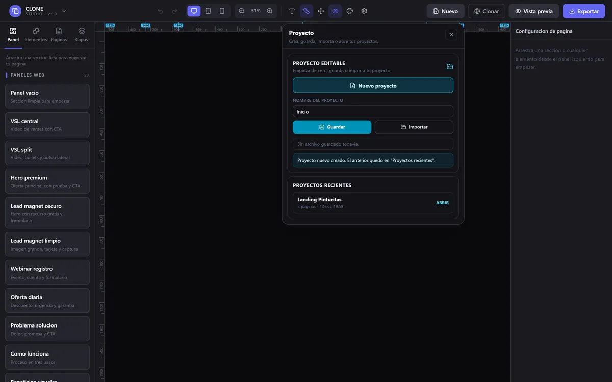 Captura real de CLONE Studio: proyectos (guardados en su computadora)