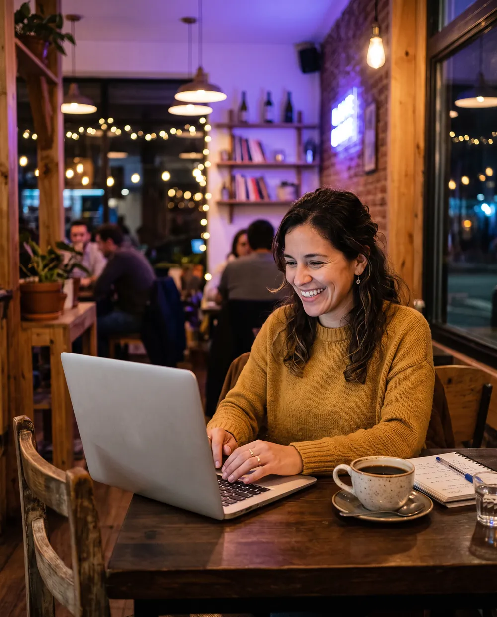 Una emprendedora sonriente trabaja con su laptop en un café