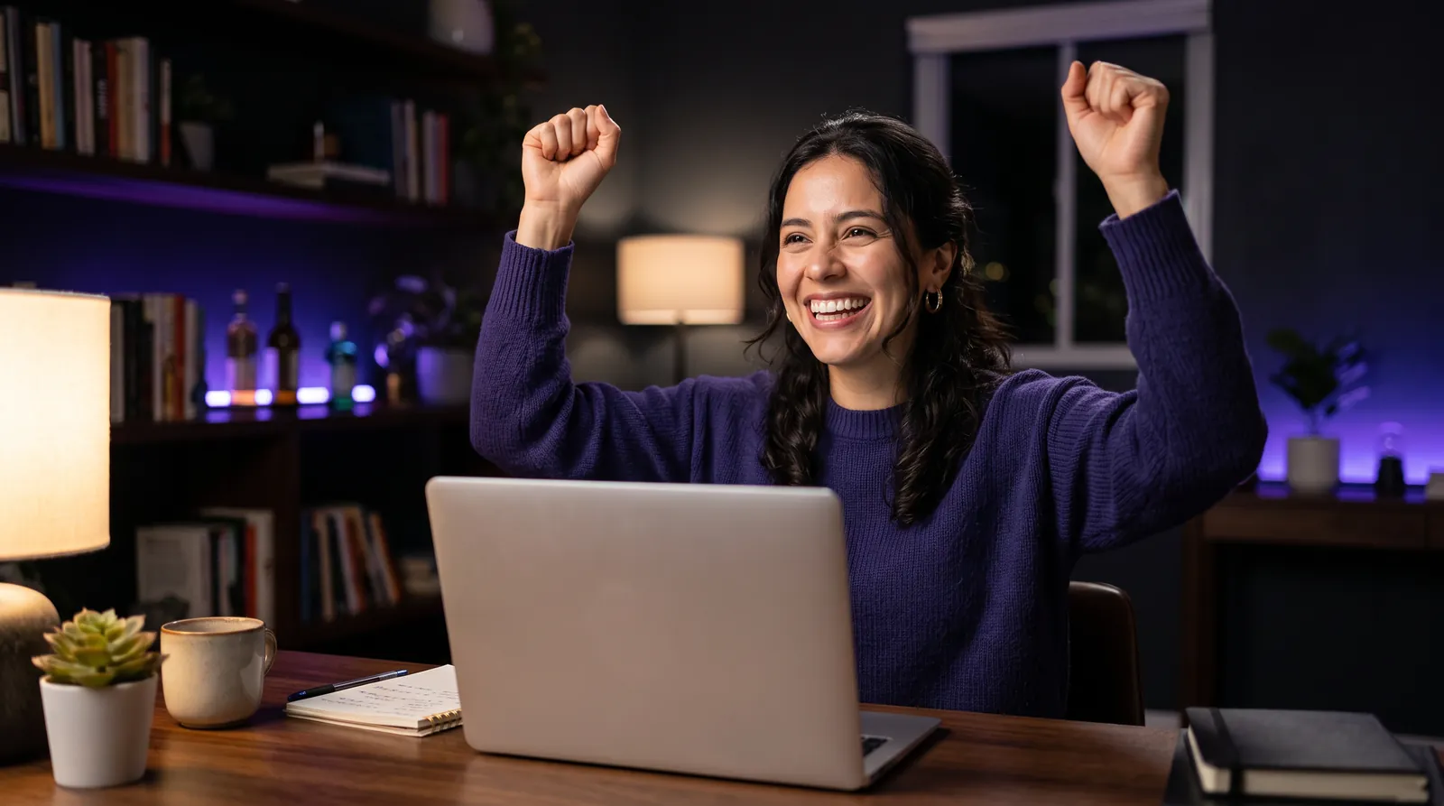 Una emprendedora celebra una venta frente a su laptop, en su escritorio de noche